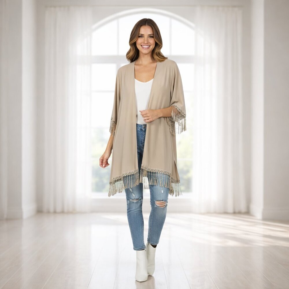 2 for $20 Ms. Bella D Tassel Open Cardigan Cover Up Large Beige Boho Flowy Light